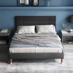 Lit double 140x200 cm - Lit capitonné avec tête de lit - Lin - Sans Matelas - Gris