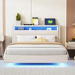 Lit Double 140x200 cm - Lit capitonné Adulte pour Ado avec LED Intégrée et Port USB, Tête de Lit Réversible Lin Gris