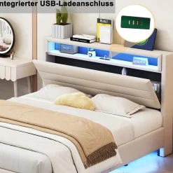 Lit Double 140x200 cm - Lit capitonné Adulte pour Ado avec LED Intégrée et Port USB, Tête de Lit Réversible Lin Gris