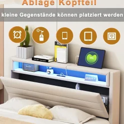 Lit Double 140x200 cm - Lit capitonné Adulte pour Ado avec LED Intégrée et Port USB, Tête de Lit Réversible Lin Gris