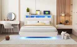 Lit Double 140x200 cm - Lit capitonné Adulte pour Ado avec LED Intégrée et Port USB, Tête de Lit Réversible Lin Gris