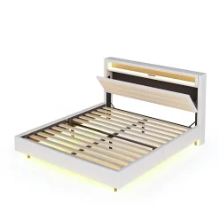 Lit Double 140x200 cm - Lit capitonné Adulte pour Ado avec LED Intégrée et Port USB, Tête de Lit Réversible Lin Gris