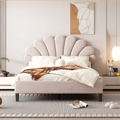 Lit Double 140x200 cm - Lit Capitonné enfant/Adulte avec Tête de Lit et Sommier à Lattes, Velours, Beige, Sans Matelas