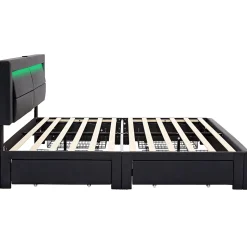 Lit Double 140x190 cm - Lit Capitonné PU avec Rangement et Ports USB - Éclairage LED Intégré - Noir - Sans Matelas