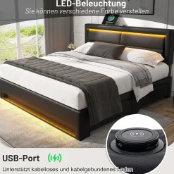 Lit Double 140x190 cm - Lit Capitonné PU avec Rangement et Ports USB - Éclairage LED Intégré - Noir - Sans Matelas
