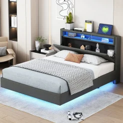 Lit Double 140x200 cm - Lit capitonné Adulte pour Ado avec LED Intégrée et Port USB, Tête de Lit Réversible Lin Gris