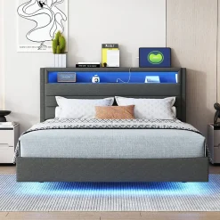 Lit Double 140x200 cm - Lit capitonné Adulte pour Ado avec LED Intégrée et Port USB, Tête de Lit Réversible Lin Gris