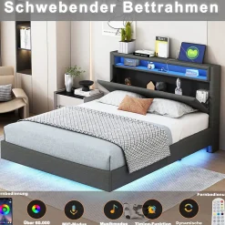 Lit Double 140x200 cm - Lit capitonné Adulte pour Ado avec LED Intégrée et Port USB, Tête de Lit Réversible Lin Gris