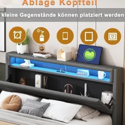 Lit Double 140x200 cm - Lit capitonné Adulte pour Ado avec LED Intégrée et Port USB, Tête de Lit Réversible Lin Gris