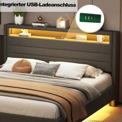Lit Double 140x200 cm - Lit capitonné Adulte pour Ado avec LED Intégrée et Port USB, Tête de Lit Réversible Lin Gris