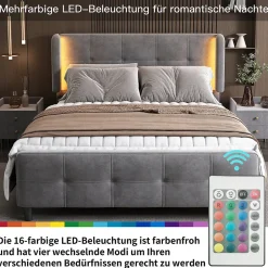 Lit Double 140x200 cm - Lit Capitonné avec Bandes LED 16 s - Sans Matelas - Velours Gris
