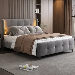 Lit Double 140x200 cm - Lit Capitonné avec Bandes LED 16 s - Sans Matelas - Velours Gris