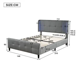 Lit Double 140x200 cm - Lit Capitonné avec Bandes LED 16 s - Sans Matelas - Velours Gris