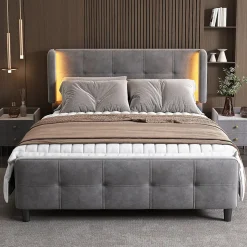 Lit Double 140x200 cm - Lit Capitonné avec Bandes LED 16 s - Sans Matelas - Velours Gris