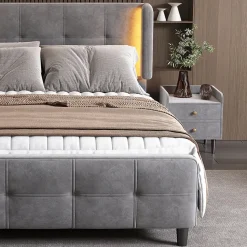 Lit Double 140x200 cm - Lit Capitonné avec Bandes LED 16 s - Sans Matelas - Velours Gris