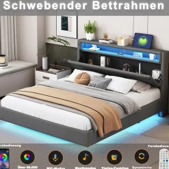 Lit Double 160x200 cm - Lit capitonné Adulte pour Ado avec LED Intégrée et Port USB, Tête de Lit Réversible Lin Gris