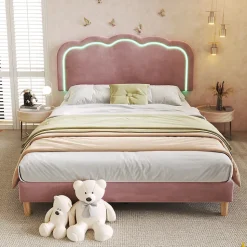 Lit double 140x200 cm - Lit capitonné avec tête de lit LED réglable - Sans Matelas - Velours - Rose