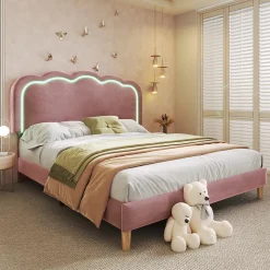 Lit double 140x200 cm - Lit capitonné avec tête de lit LED réglable - Sans Matelas - Velours - Rose