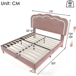 Lit double 140x200 cm - Lit capitonné avec tête de lit LED réglable - Sans Matelas - Velours - Rose