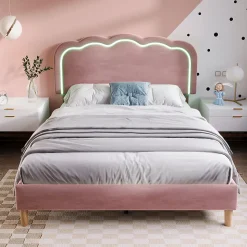 Lit double 140x200 cm - Lit capitonné avec tête de lit LED réglable - Sans Matelas - Velours - Rose