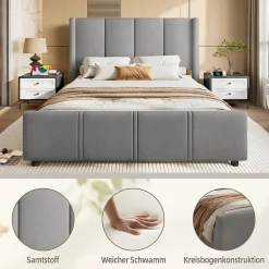 Lit double 140x190 cm - Lit capitonné moderne avec tête et pied de lit hauts, port USB intégré - Sans matelas - Gris foncé