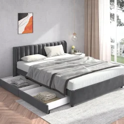 Lit Double 180x200 cm - Lit Capitonné en Velours Gris avec 2 Tiroirs de Rangement, Sommier à Lattes Inclus, Style Moderne