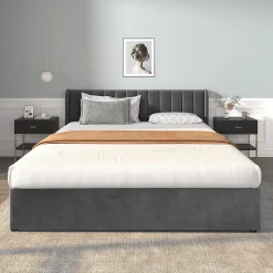 Lit Double 180x200 cm - Lit Capitonné en Velours Gris avec 2 Tiroirs de Rangement, Sommier à Lattes Inclus, Style Moderne