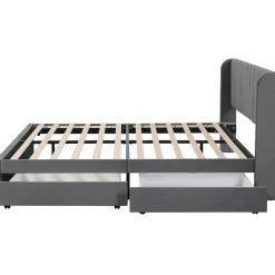 Lit Double 180x200 cm - Lit Capitonné en Velours Gris avec 2 Tiroirs de Rangement, Sommier à Lattes Inclus, Style Moderne