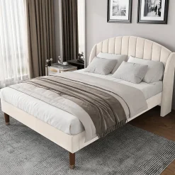 Lit Double 140x190 cm - Lit Capitonné ado - Velours - Élégance Moderne - Sans Matelas - Beige