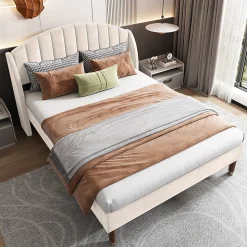 Lit Double 140x190 cm - Lit Capitonné ado - Velours - Élégance Moderne - Sans Matelas - Beige