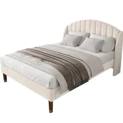 Lit Double 140x190 cm - Lit Capitonné ado - Velours - Élégance Moderne - Sans Matelas - Beige