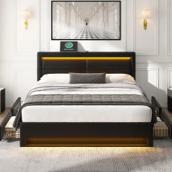 Lit Double 140x200 cm - Lit Capitonné PU avec Rangement et Ports USB - Éclairage LED Télécommandé - Noir - Sans Matelas