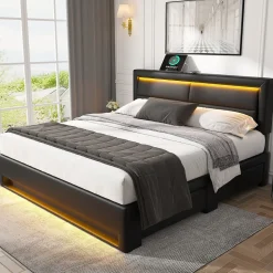 Lit Double 140x200 cm - Lit Capitonné PU avec Rangement et Ports USB - Éclairage LED Télécommandé - Noir - Sans Matelas