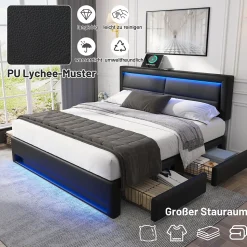 Lit Double 140x200 cm - Lit Capitonné PU avec Rangement et Ports USB - Éclairage LED Télécommandé - Noir - Sans Matelas