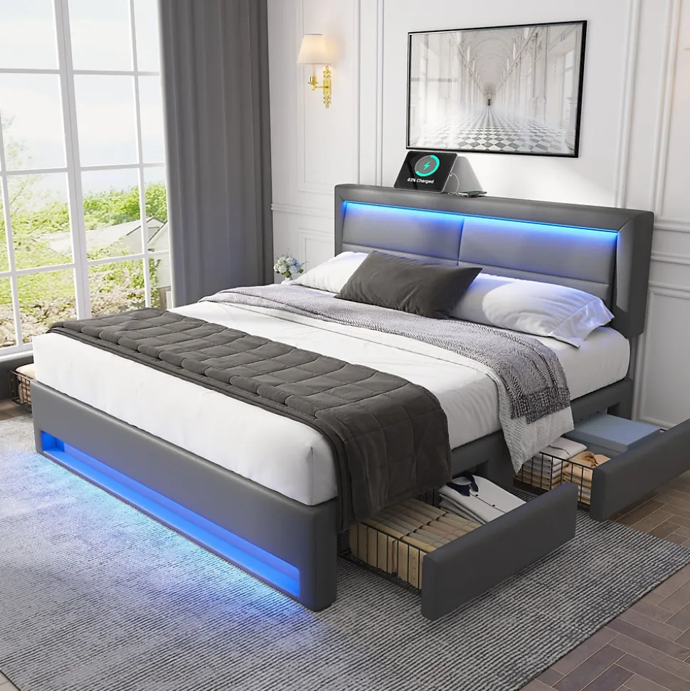 Lit Double 160x200 cm - Lit Capitonné PU avec Rangement et Ports USB - Éclairage LED Télécommandé - Gris - Sans Matelas