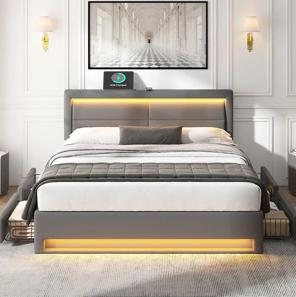 Lit Double 160x200 cm - Lit Capitonné PU avec Rangement et Ports USB - Éclairage LED Télécommandé - Gris - Sans Matelas