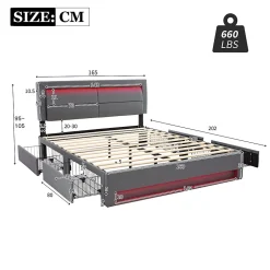 Lit Double 160x200 cm - Lit Capitonné PU avec Rangement et Ports USB - Éclairage LED Télécommandé - Gris - Sans Matelas