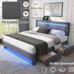 Lit Double 160x200 cm - Lit Capitonné PU avec Rangement et Ports USB - Éclairage LED Télécommandé - Gris - Sans Matelas
