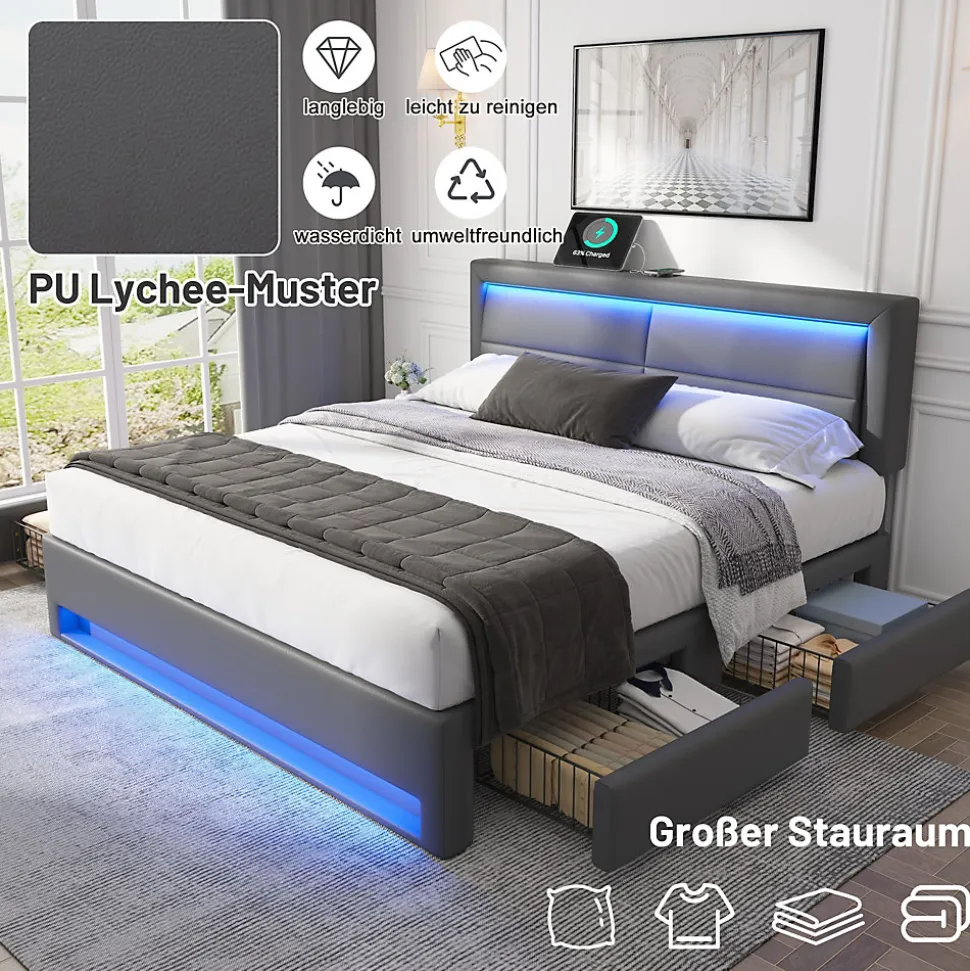 Lit Double 160x200 cm - Lit Capitonné PU avec Rangement et Ports USB - Éclairage LED Télécommandé - Gris - Sans Matelas