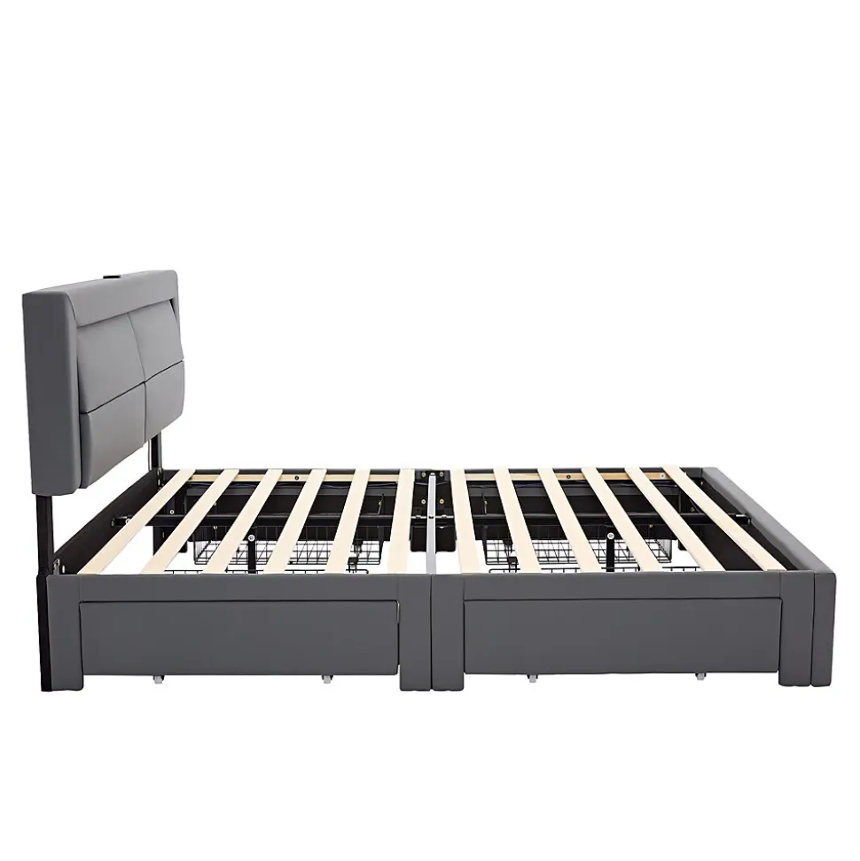 Lit Double 160x200 cm - Lit Capitonné PU avec Rangement et Ports USB - Éclairage LED Télécommandé - Gris - Sans Matelas