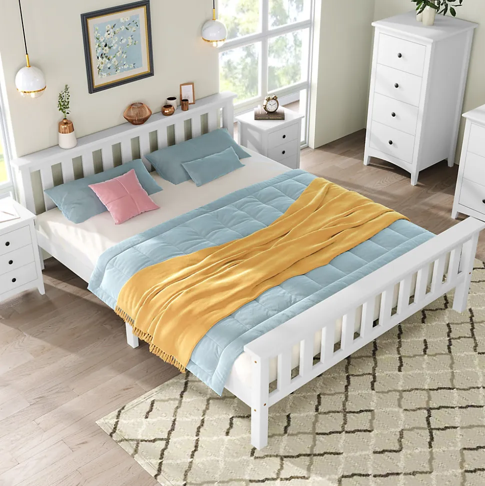 Lit double 140x200 cm - Lit classique avec sommier à lattes - Pin et MDF - Sans matelas - Blanc