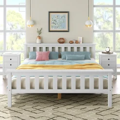 Lit double 140x200 cm - Lit classique avec sommier à lattes - Pin et MDF - Sans matelas - Blanc