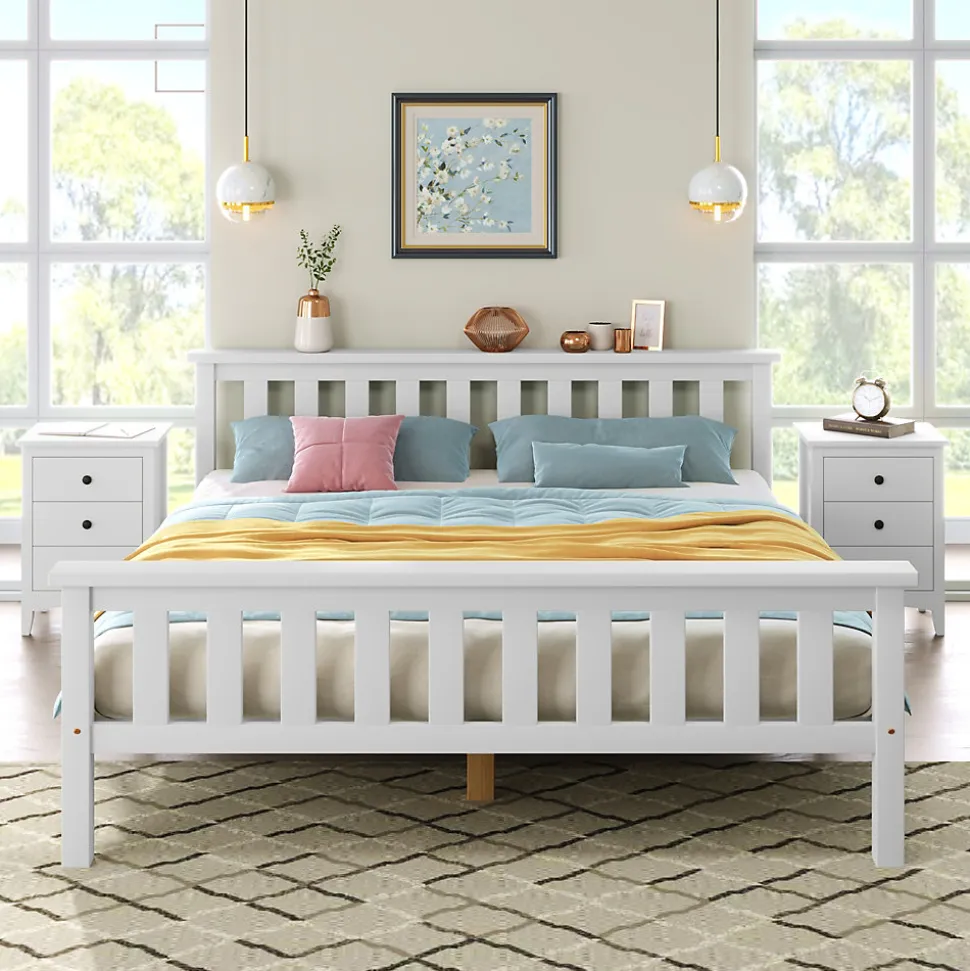 Lit double 140x200 cm - Lit classique avec sommier à lattes - Pin et MDF - Sans matelas - Blanc