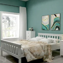 Lit double 140x200 cm - Lit classique avec sommier à lattes - Pin et MDF - Sans matelas - Blanc