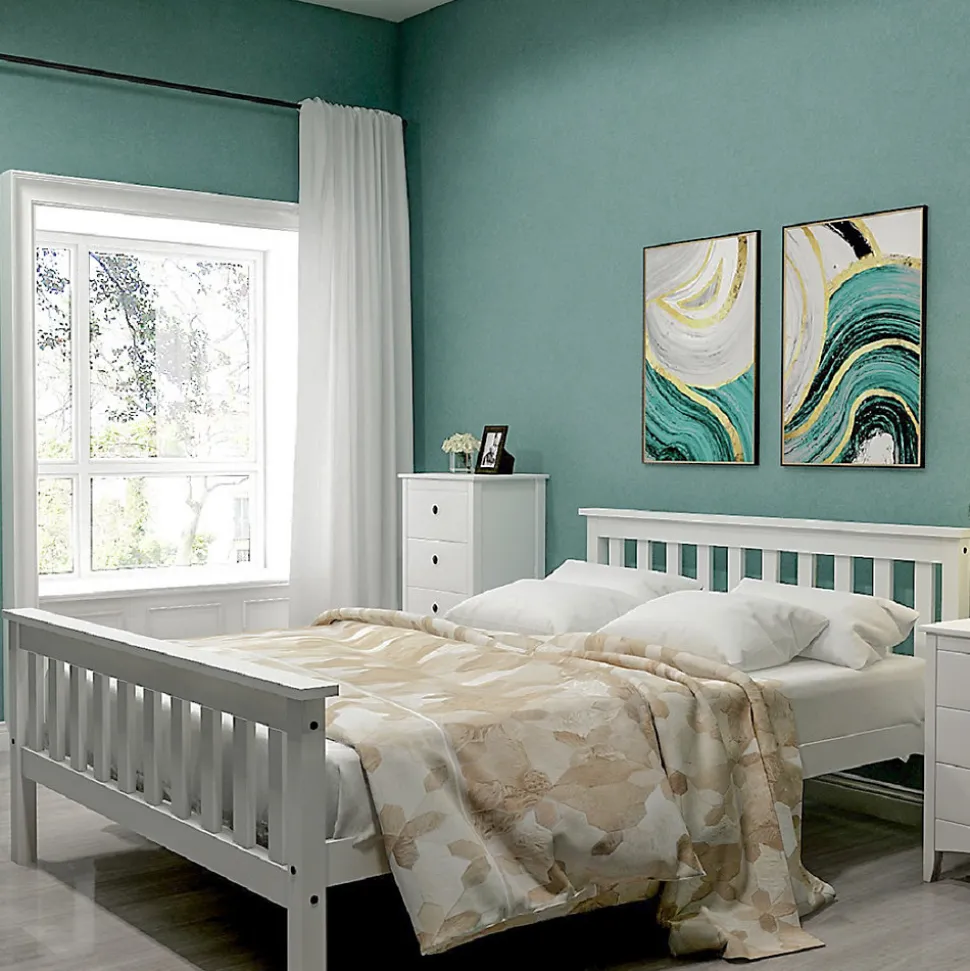 Lit double 140x200 cm - Lit classique avec sommier à lattes - Pin et MDF - Sans matelas - Blanc