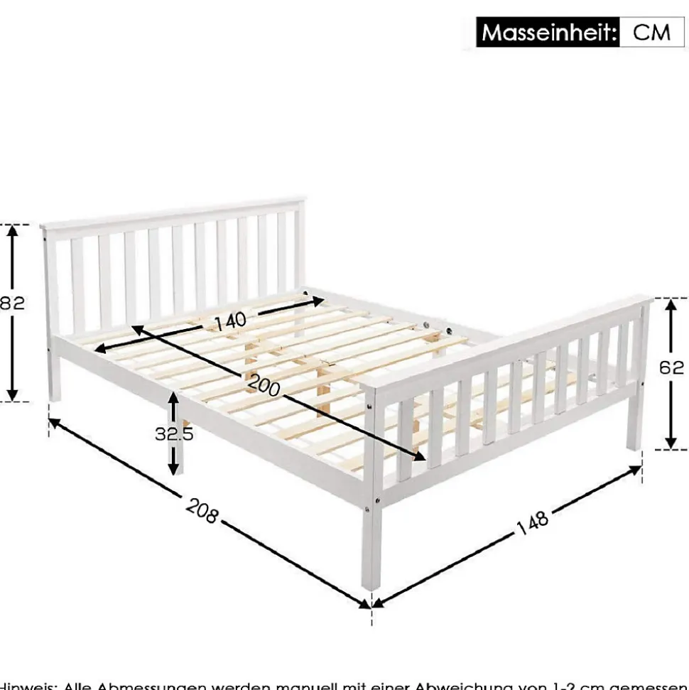 Lit double 140x200 cm - Lit classique avec sommier à lattes - Pin et MDF - Sans matelas - Blanc