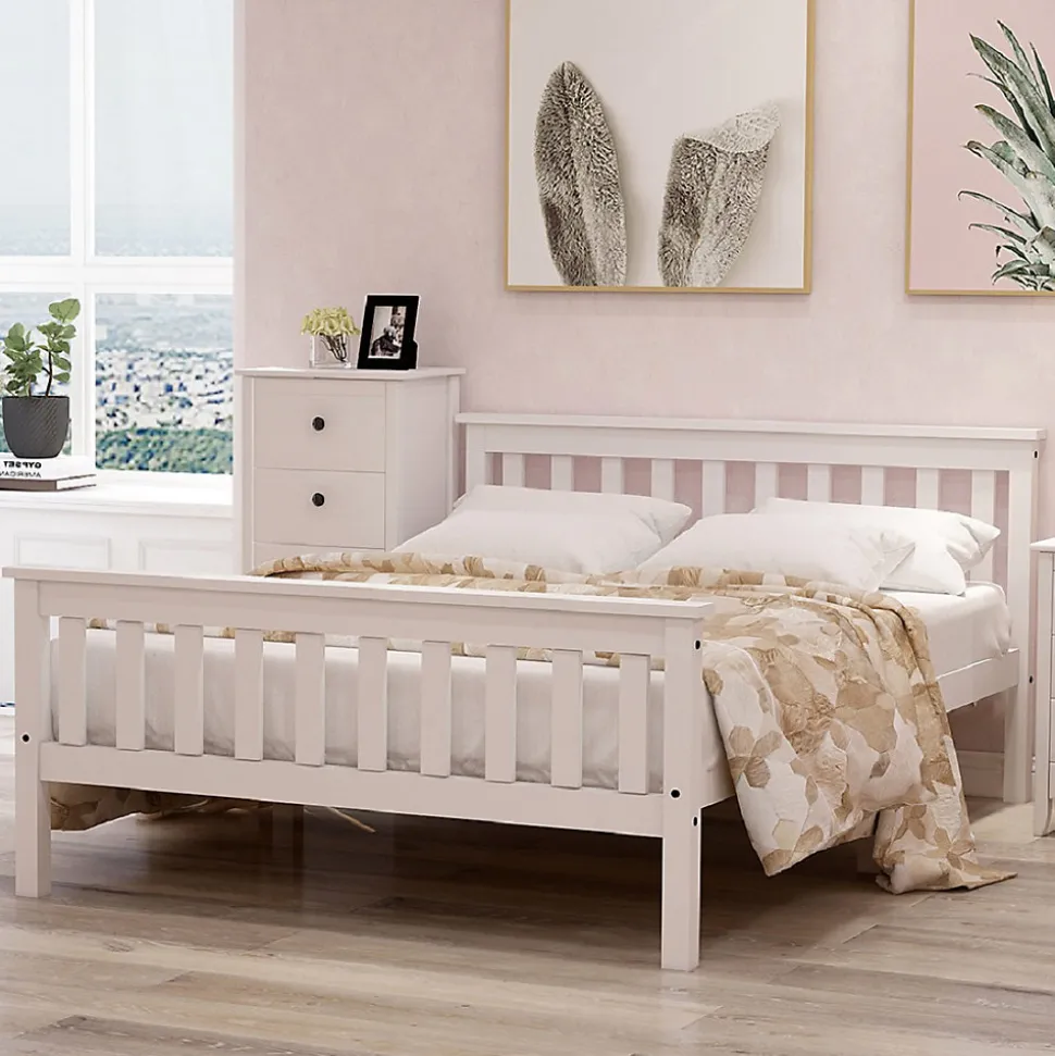 Lit double 140x200 cm - Lit classique avec sommier à lattes - Pin et MDF - Sans matelas - Blanc
