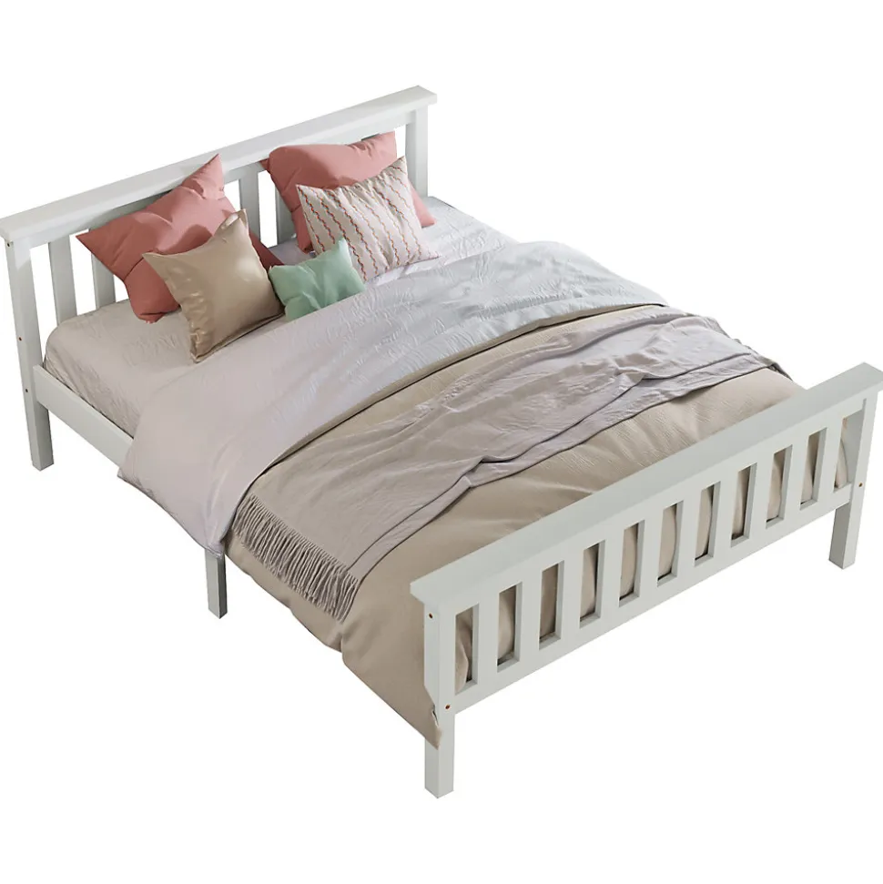 Lit double 140x200 cm - Lit classique avec sommier à lattes - Pin et MDF - Sans matelas - Blanc