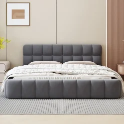 Lit double 140x190 cm - Lit classique avec dossier moelleux - Lin - Sans Matelas - Gris