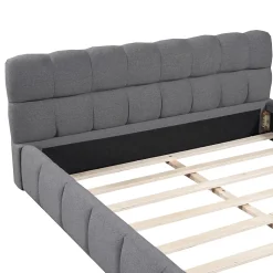 Lit double 140x190 cm - Lit classique avec dossier moelleux - Lin - Sans Matelas - Gris